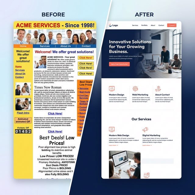 Before and after website redesign comparison — from outdated to modern